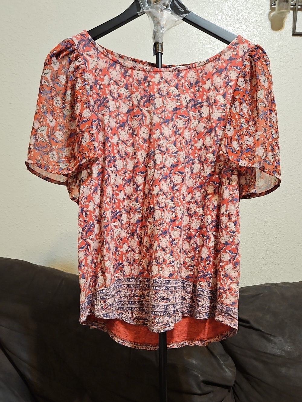 Lucky Brand Coral-Pink Floral Short Sleeve Peasant Blouse